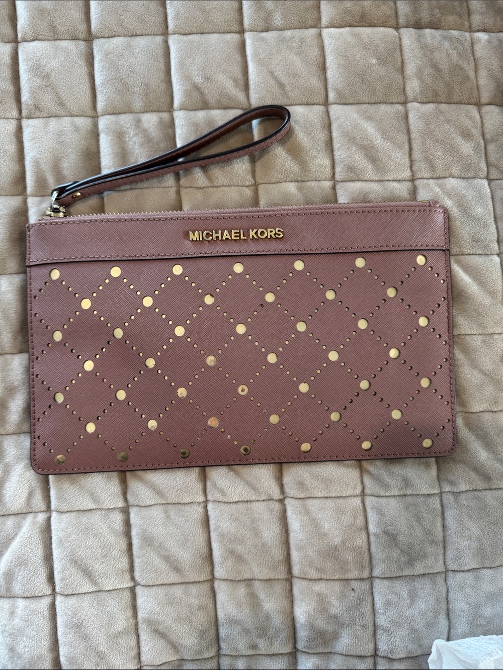 Michael Kors Mauve Leather Wristlet with Gold Studs